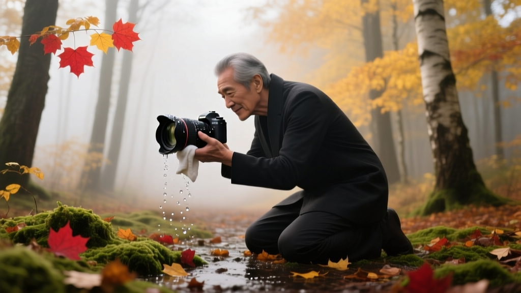 Photographer wiping condensation off Moment T-Series 18mm wide lens attached to iPhone while standing in misty autumn forest