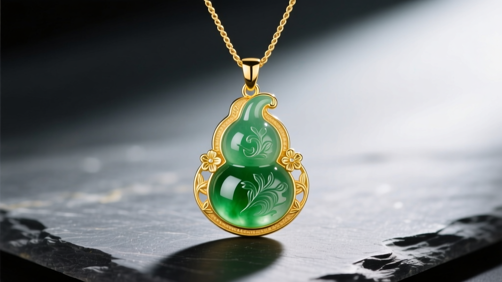 A delicate Chinese jadeite gourd pendant set in an 18k yellow gold bezel with a fine cable chain resting on dark slate for contrast