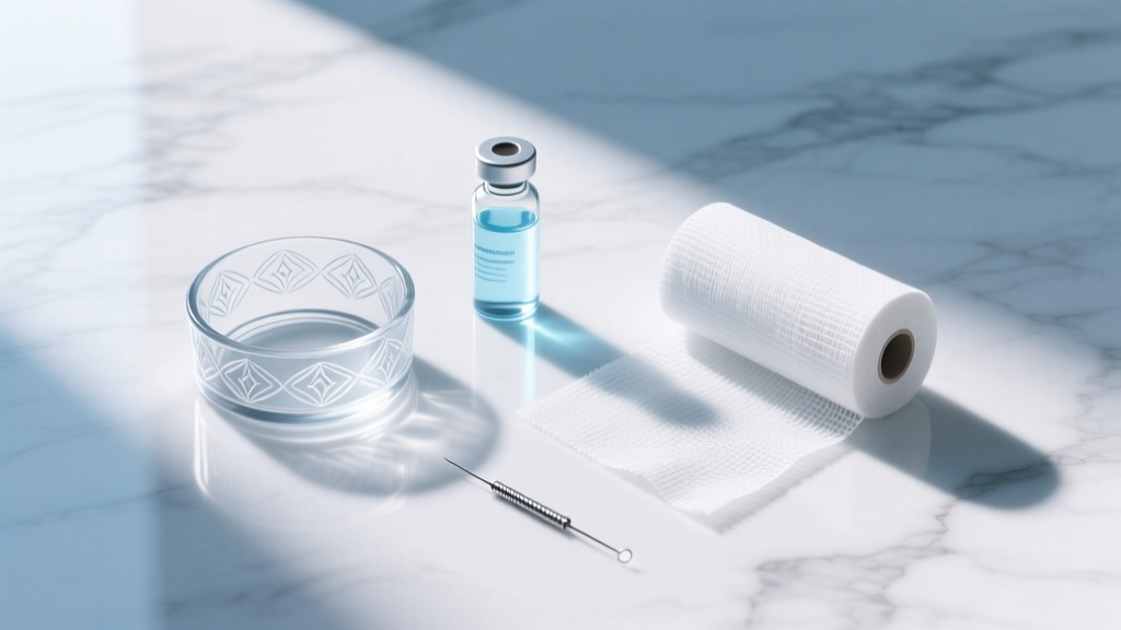 Flat lay of piercing aftercare supplies including sterile saline, non-woven gauze, and glass retainers on a white marble surface