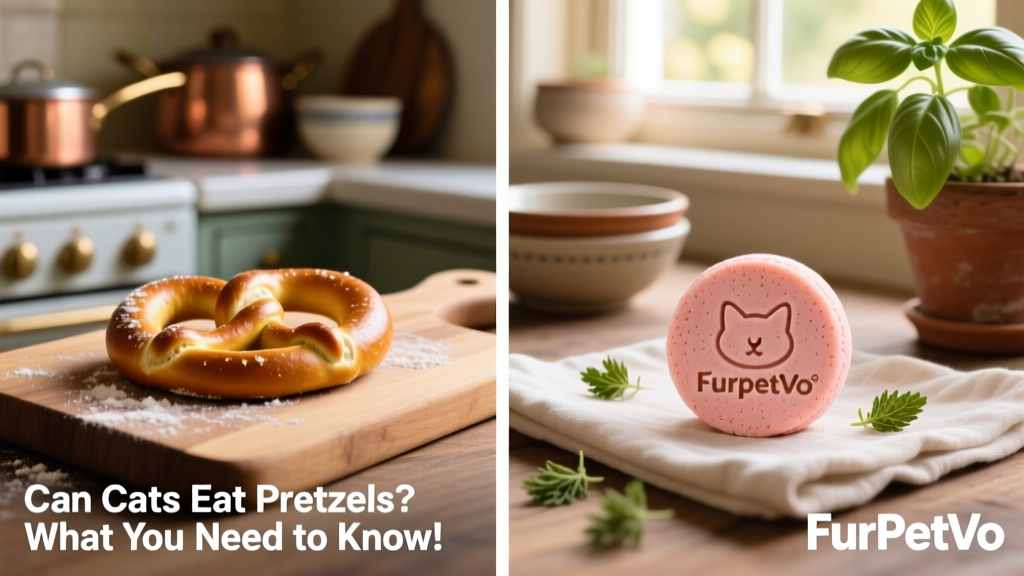 Side-by-side comparison: a small plain pretzel next to a high-quality cat treat from furpetvo.com