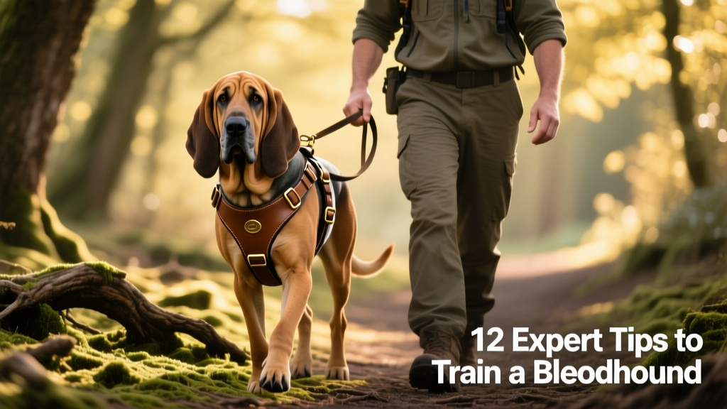 A confident adult Bloodhound wearing a well-fitted tracking harness, walking steadily beside its handler on a forest path