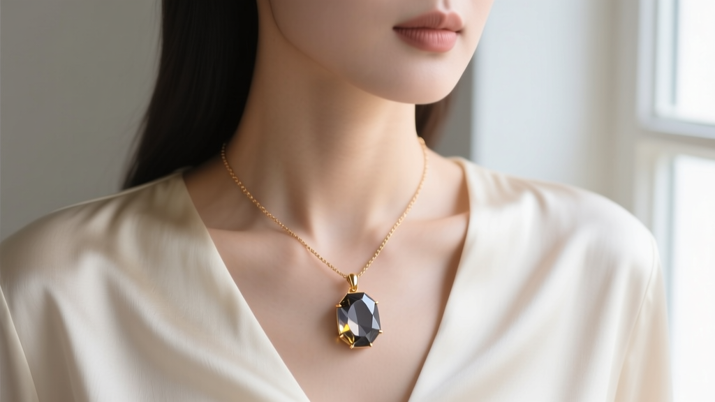Close-up of a woman wearing a 14k rose gold necklace with a faceted smoky quartz pendant resting on a cream silk blouse neckline