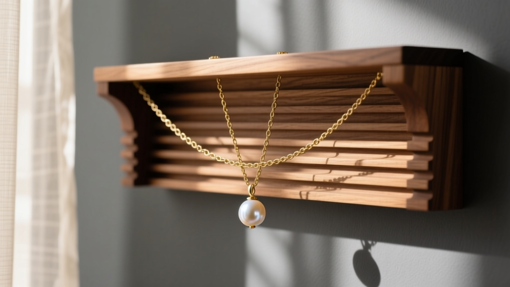 Walnut necklace wall rack on a charcoal wall, displaying layered gold chains and a pearl pendant in soft morning light.