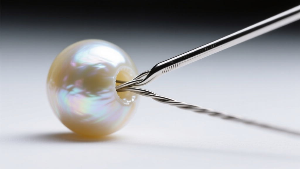 Macro close-up of a 24-gauge silver headpin threading through a 0.5mm hole of a freshwater pearl, showing the wire bend
