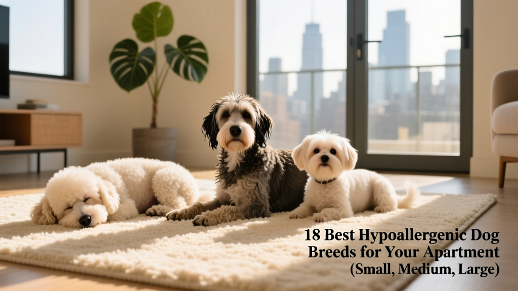 A diverse group of hypoallergenic dogs—including a Bichon Frise, Portuguese Water Dog, and Maltese—relaxing together on a sunlit apartment rug