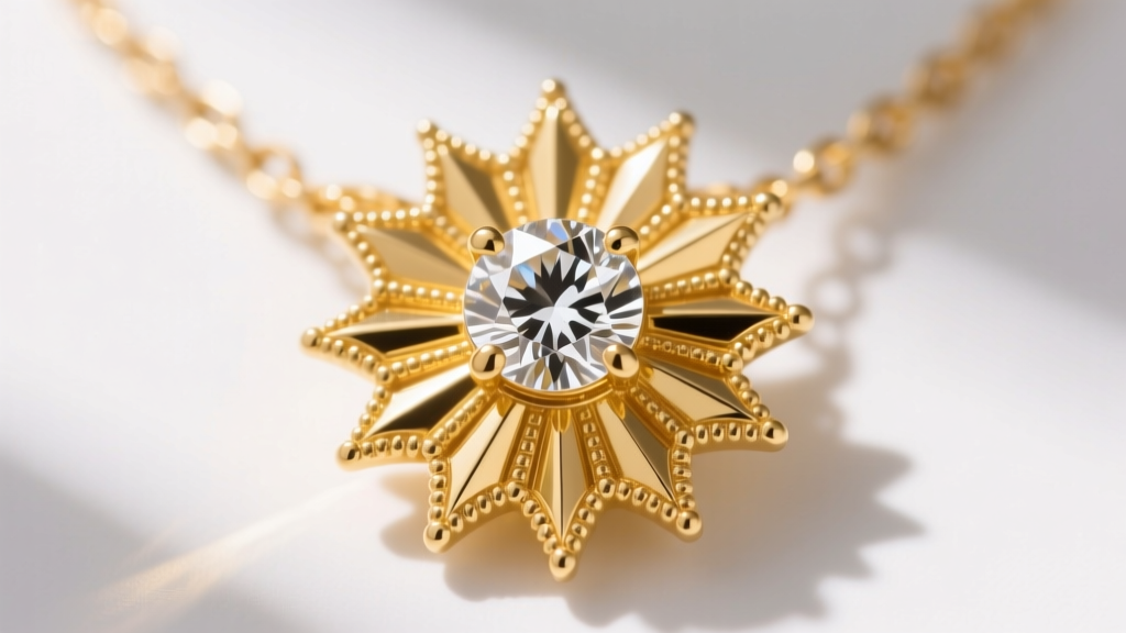 Macro photo of 18k yellow gold sunburst necklace pendant with central round brilliant diamond and intricate milgrain ray details