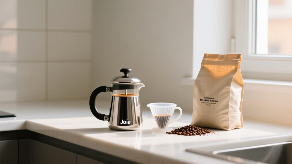 Small apartment kitchen counter featuring a compact Joie mini French press and a silicone tea infuser next to a bag of whole bean coffee