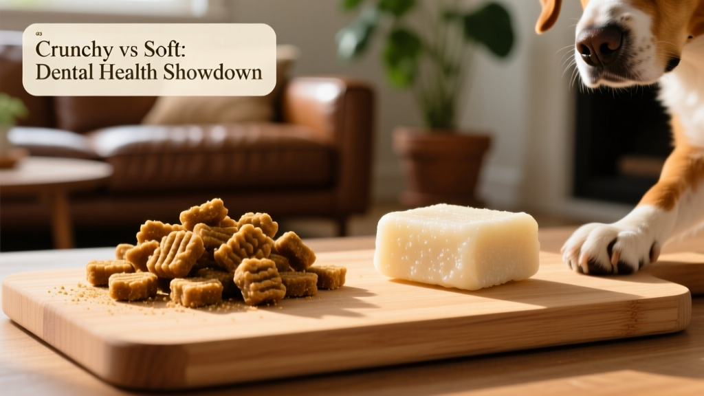 Side-by-side comparison of kibble textures: one crunchy, one soft—highlighting dental benefits