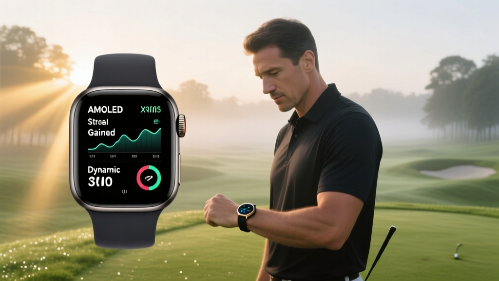 A golfer on a misty morning fairway checking an advanced AMOLED GPS smartwatch displaying stroke-gained analytics and wind adjustments.