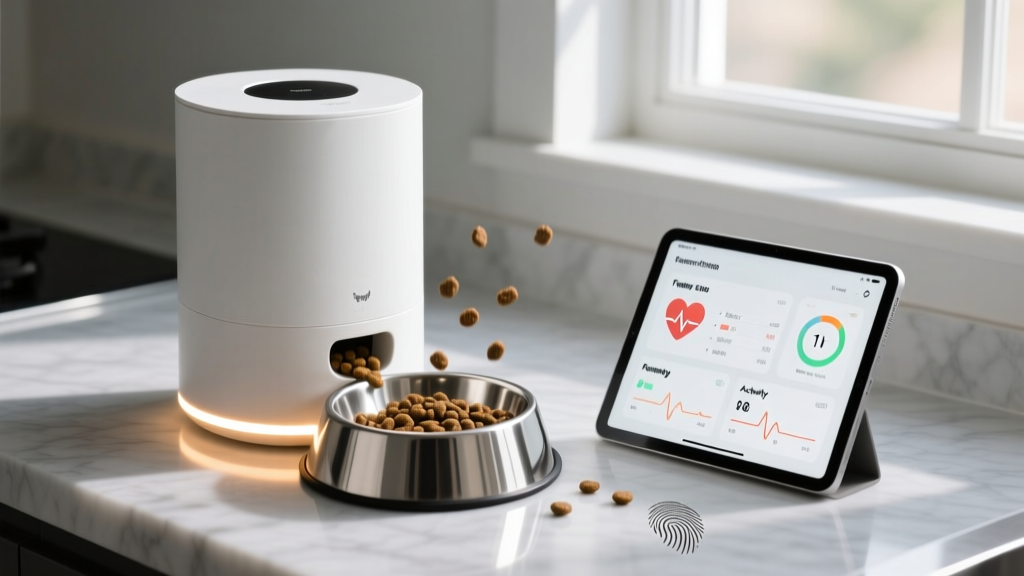 A sleek modern smart pet feeder with a glowing LED ring dispensing kibble into a stainless steel bowl next to a tablet displaying analytics.