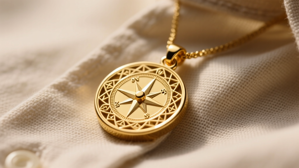 Macro shot of a gold compass pendant on a linen shirt, showing intricate engraving and a polished 14-karat yellow gold finish.