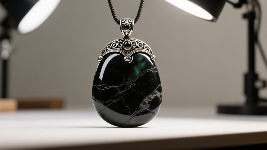 Jeweler examining a heavy black Guatemalan jade pendant with a secure deep bezel setting under bright bench lighting.