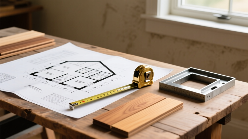 Tiny house blueprints spread on a wooden drafting table next to a tape measure, cedar siding samples, and a steel framing square