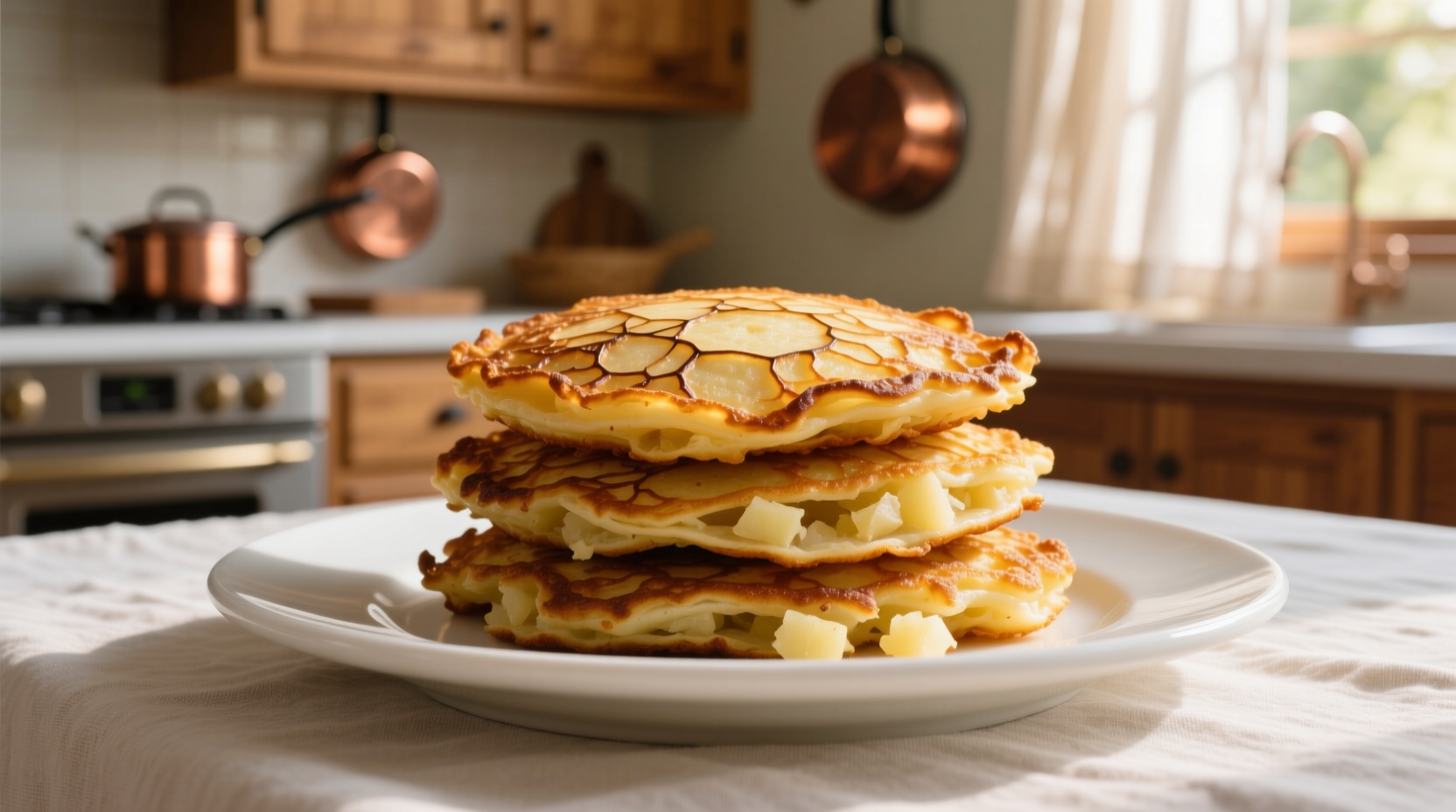 Golden potato pancakes with crispy edges on white plate