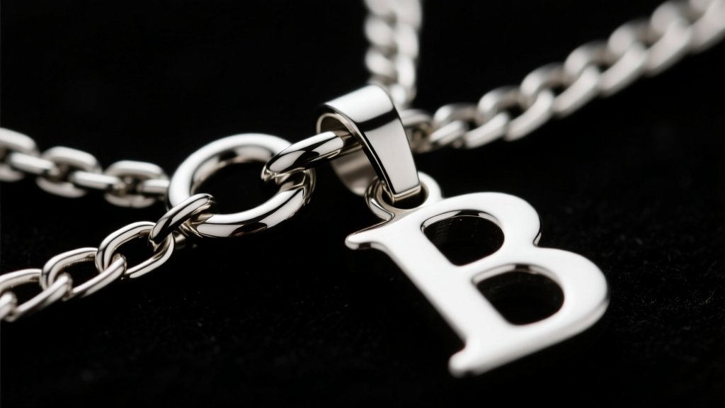 Macro shot of a 15mm steel lobster clasp connecting a 4mm Figaro chain to a large silver initial pendant bail on dark velvet