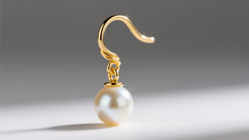 Close-up of a 14k yellow gold ear hook earring with a pearl drop, highlighting the secure tension loop and polished wire finish