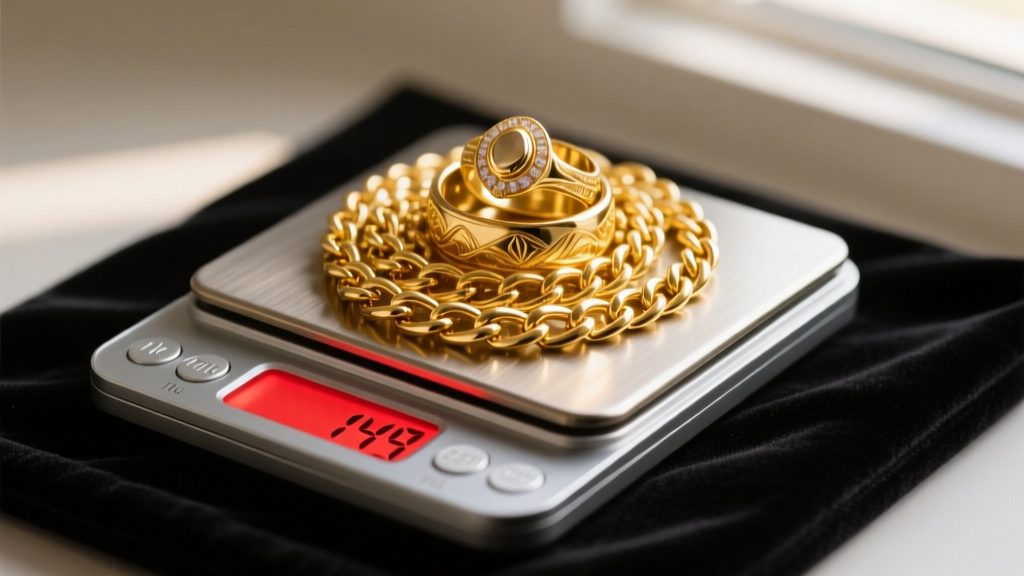 Digital scale weighing a pile of 14k yellow gold chains and rings, showing a glowing red readout on a dark velvet pad.