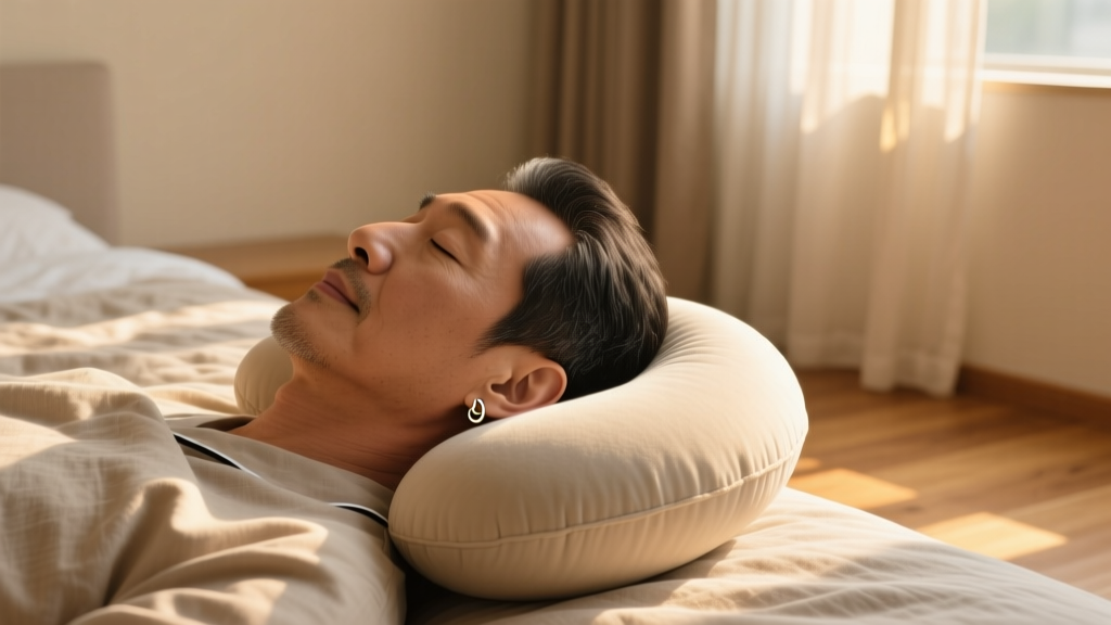 Side profile of a man sleeping on a travel neck pillow to protect a healing double lobe piercing, warm morning bedroom lighting.