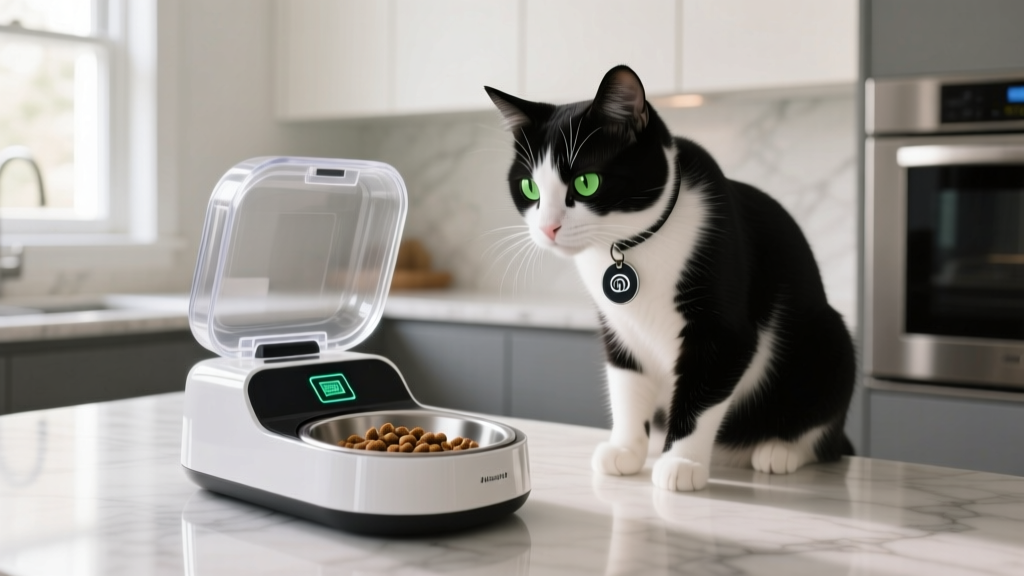 Close-up of a microchip pet feeder scanning the RFID collar tag of a tuxedo cat to open the transparent food bowl lid in a modern kitchen