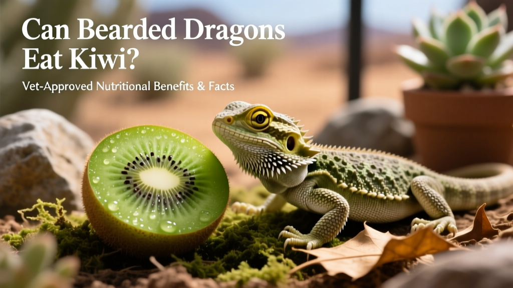 A fresh green kiwi sliced open beside a calm bearded dragon on a natural substrate