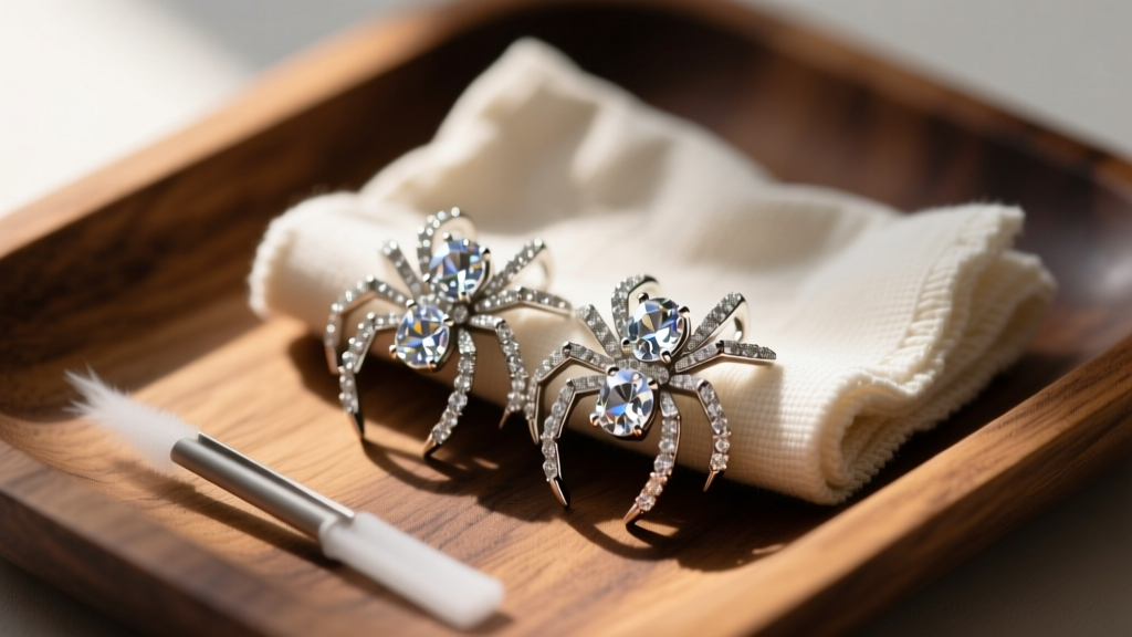Close-up of a jewelry cleaning kit with a microfiber cloth and crystal spider earrings being carefully polished on a wooden tray