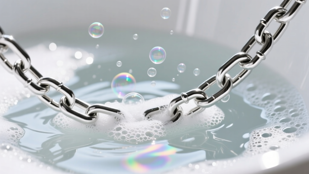 Close-up of a sterling silver chain submerged in an aluminum foil and baking soda bath, showing bubbling action and bright silver.