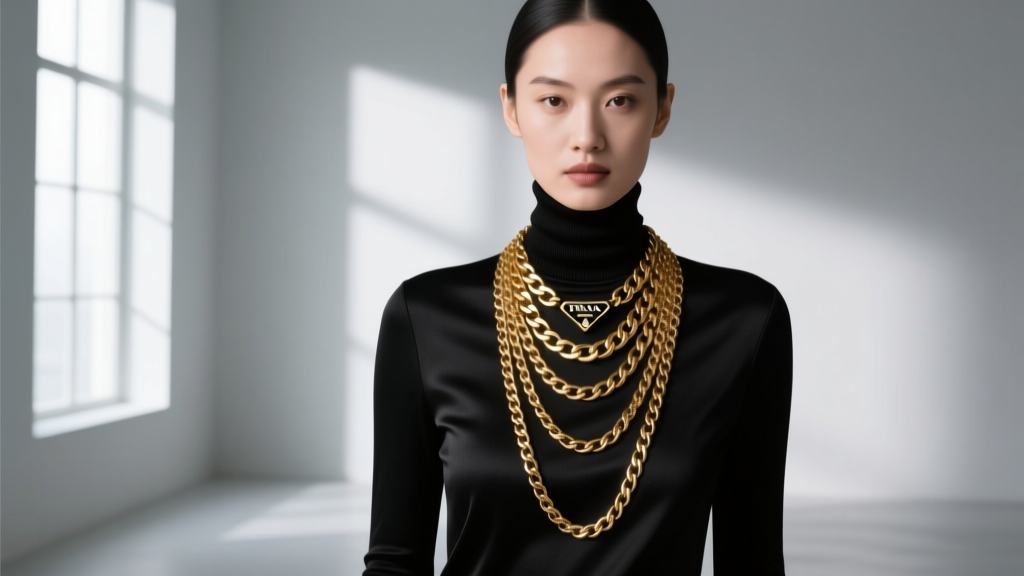 Model wearing a layered Prada gold-tone chain necklace over a black turtleneck sweater, highlighting the contrast and drape