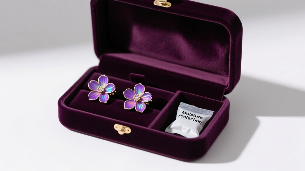 Open velvet jewelry box displaying purple flower earrings in separate compartments, with a silica gel packet to prevent moisture