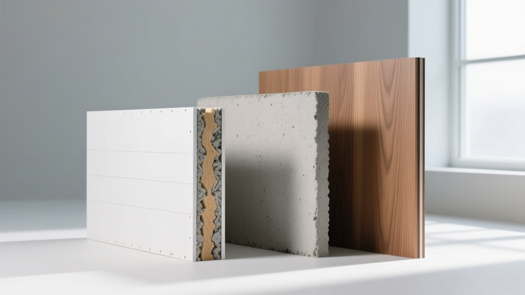 Cross-section of a half-inch gypsum board core with paper facers displayed next to a cement backer board and WPC wall panel