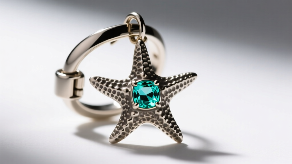 Macro shot of an 18-gauge leverback clasp securing a heavy cast starfish dangle earring with a bezel-set aquamarine gemstone