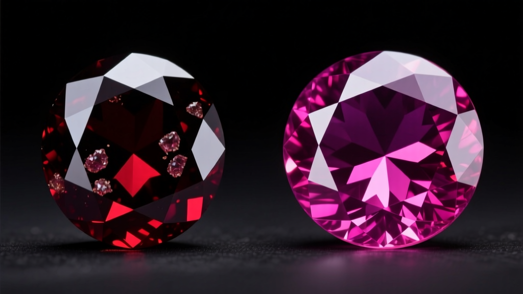 Side-by-side macro comparison of a dark almandine garnet and a vibrant purplish-red rhodolite garnet under bright studio lighting