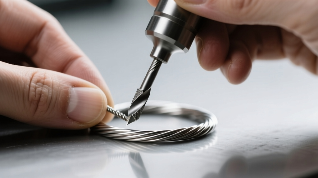 Close-up of hands using a cup burr tool to smooth the sharp cut end of an 18-gauge titanium wire hoop under bright bench lighting
