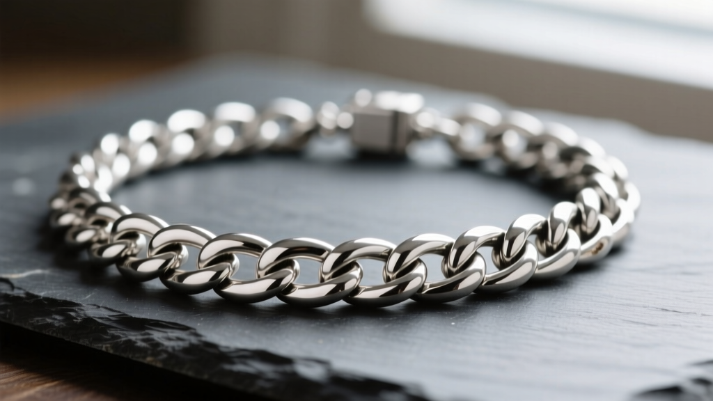 Close-up of a mens 925 sterling silver cuban link necklace showing slight tarnish in the crevices, resting on dark slate