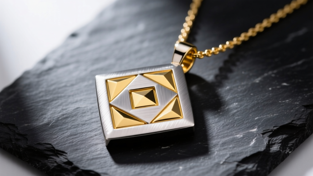 Macro shot of a brushed niobium Keith Jack necklace pendant with geometric 18k yellow gold inlays resting on a dark slate surface