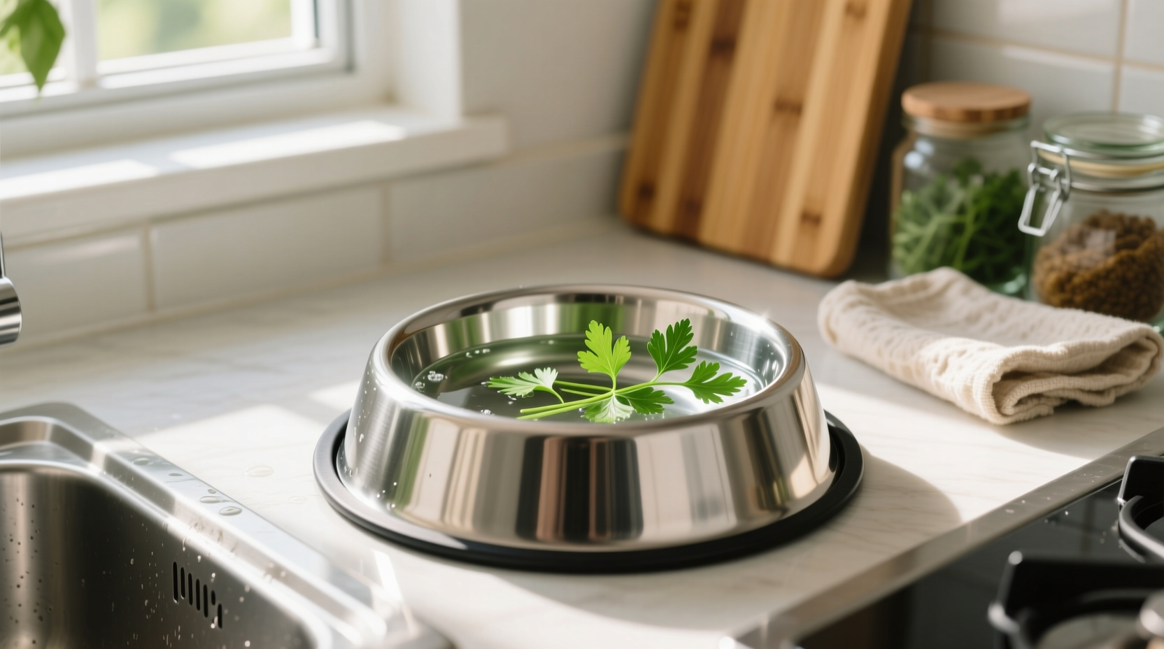 eco friendly cleaning stainless steel pet bowls with parsley