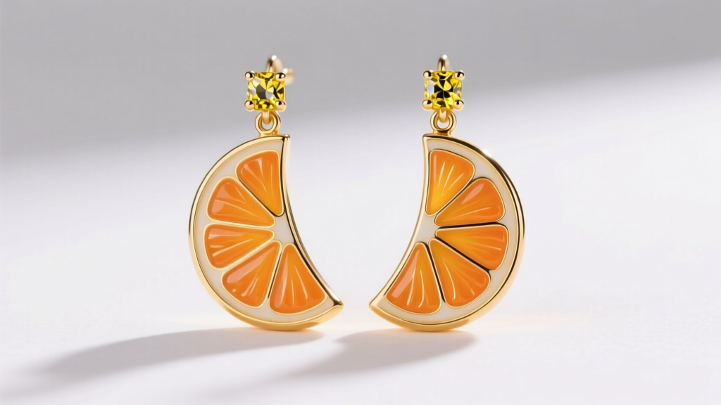 Close-up of 14k gold orange slice drop earrings with vibrant vitreous enamel and yellow sapphire accents on a white backdrop.