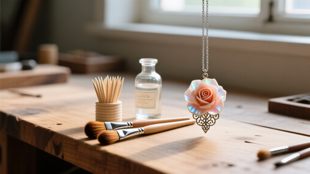 Wooden workbench displaying soft sable brushes, wooden toothpicks, and distilled water next to a delicate vintage coral rose pendant.