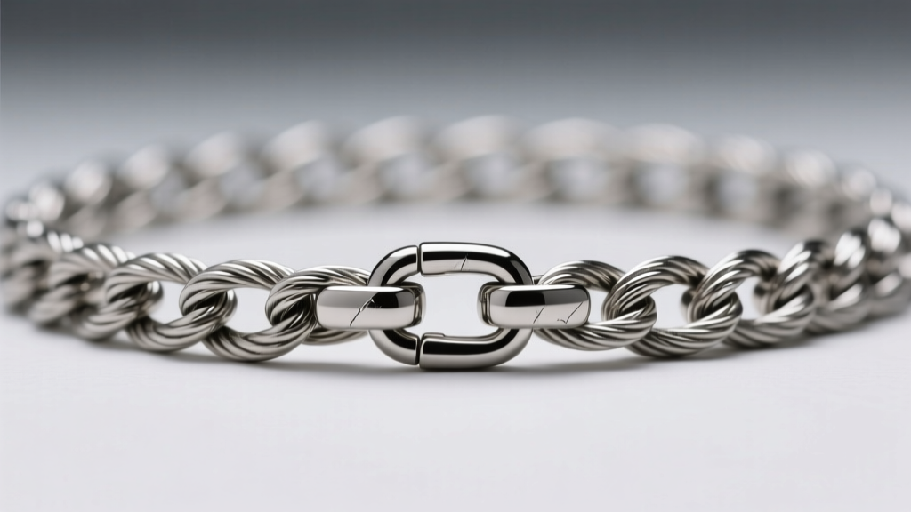 Macro view of a steel match necklace chain showing detailed cable links and a lobster clasp under bright studio lighting
