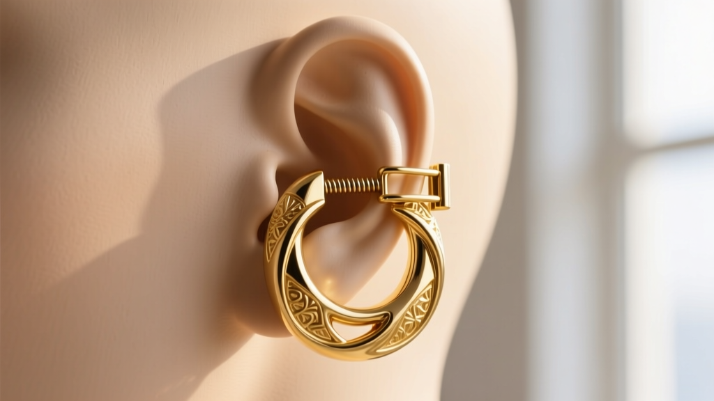 Close-up of heavy sculptural gold earring with omega clip backing showing tension spring mechanism on a silicone ear mannequin