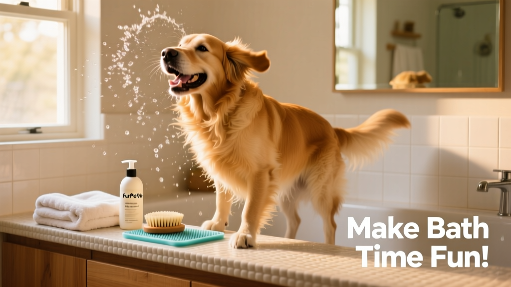 A happy, clean dog shaking off water beside a towel and FurPetVo grooming supplies on the bathroom counter