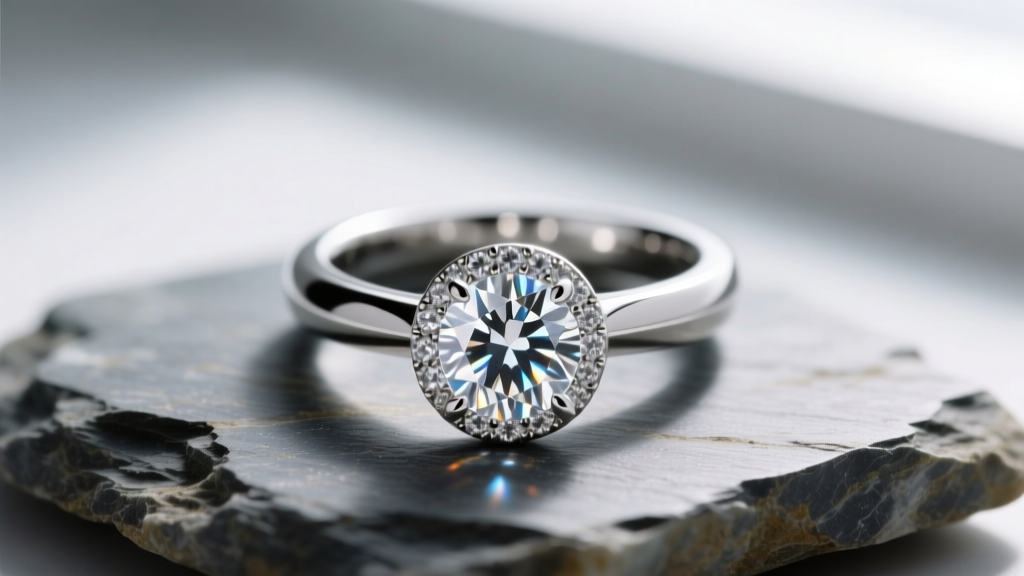 Macro shot of a platinum bezel-set lab diamond ring on rough slate, highlighting the stone's brilliance and crisp clear facets.