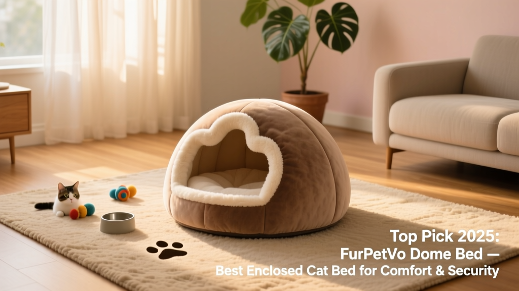 Side view of a plush, dome-shaped FurPetVo enclosed cat bed nestled on a living room rug, with soft ambient lighting