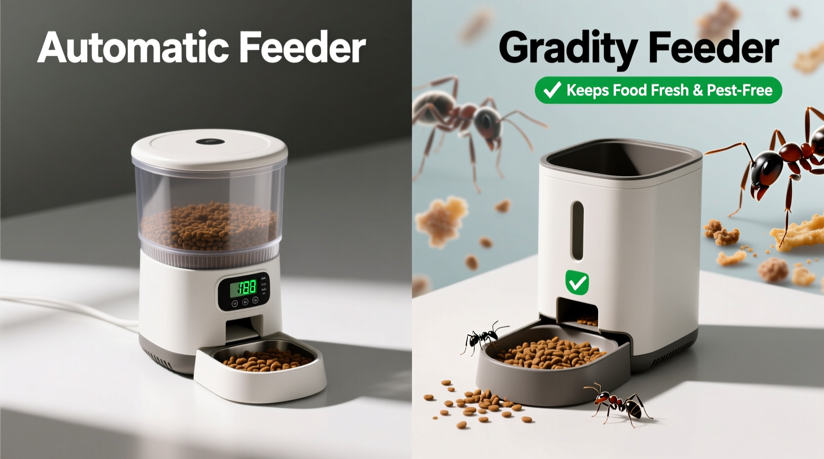 automatic pet feeder vs gravity feeder which keeps food fresher and pests away