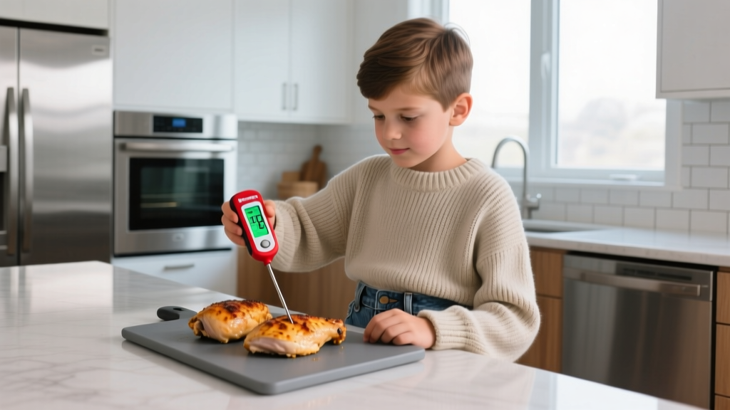 Tween using a ThermoPro TP03 digital meat thermometer to check internal temperature of chicken breasts on a modern kitchen countertop