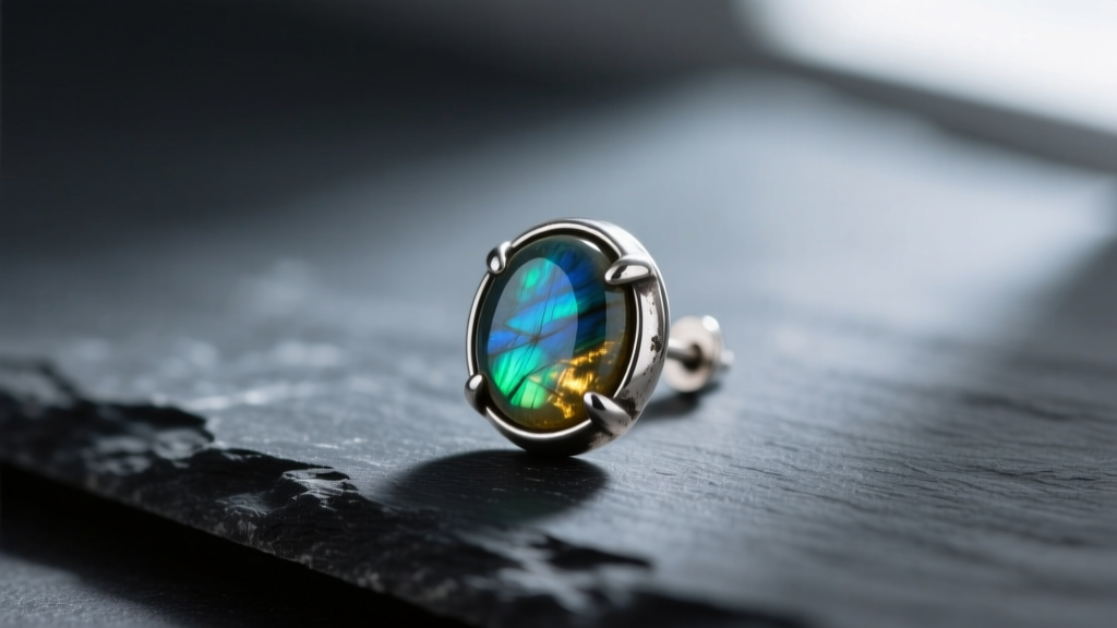 Tarnished .925 sterling silver bezel-set labradorite stud earring resting on dark slate under moody, directional lighting.