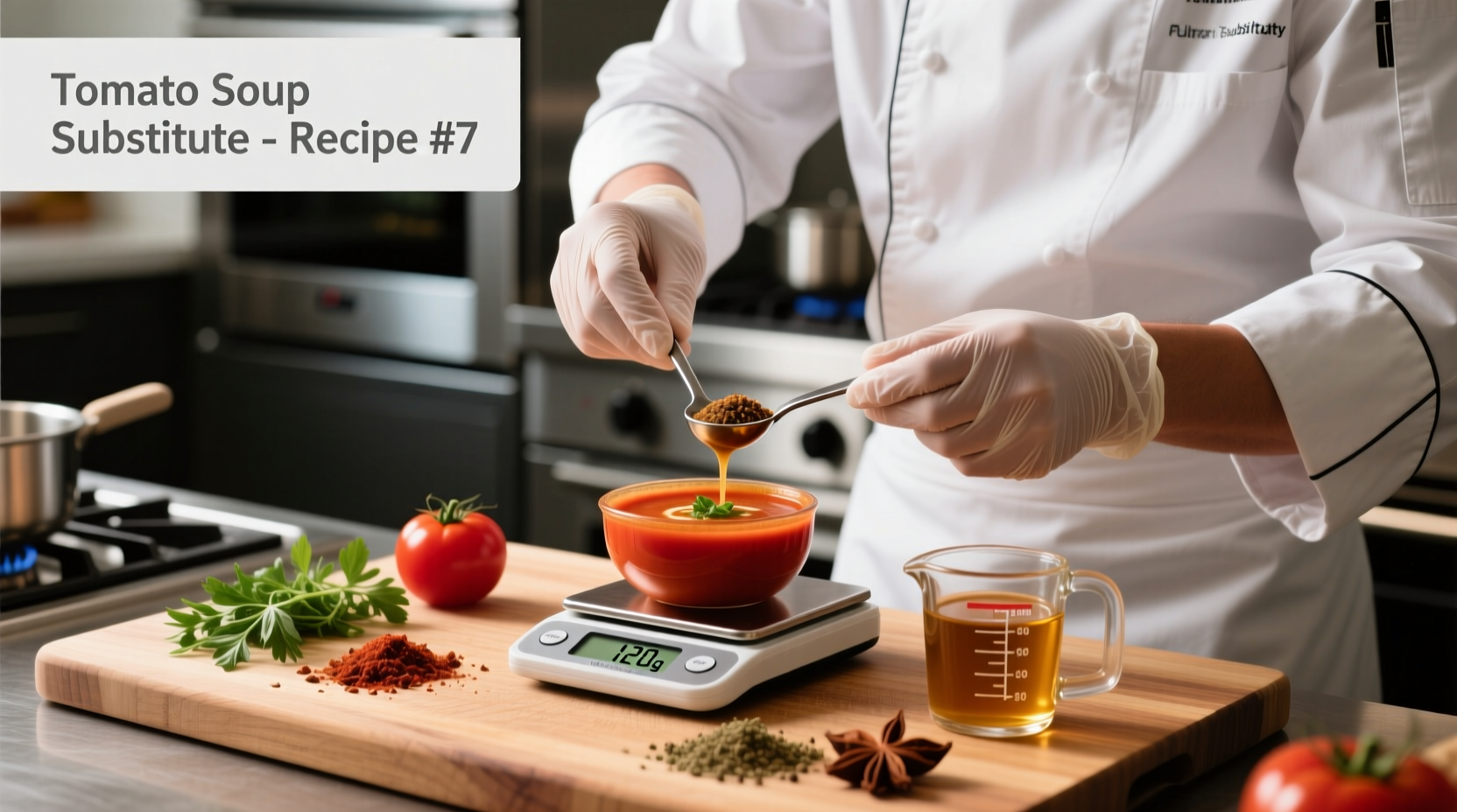 Chef measuring tomato soup substitute ingredients