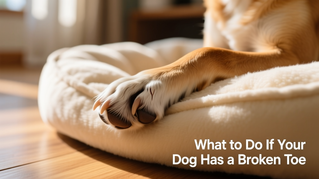 Close-up of a dog's front paw with light brown fur resting on a soft dog bed, highlighting toe anatomy