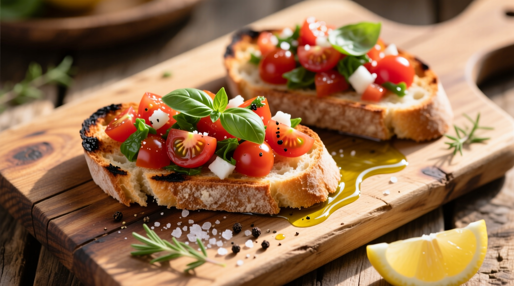 Fresh tomato basil bruschetta on wooden board