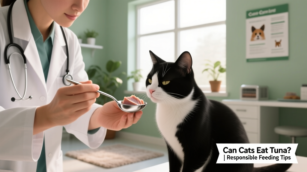 A veterinarian gently examining a calm cat while holding a small spoon of plain tuna, illustrating responsible feeding guidance