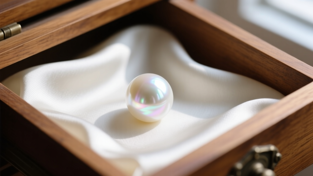 Close-up of a white pearl resting on untreated ivory silk inside a drawer, showing the smooth nacre and soft textile weave.